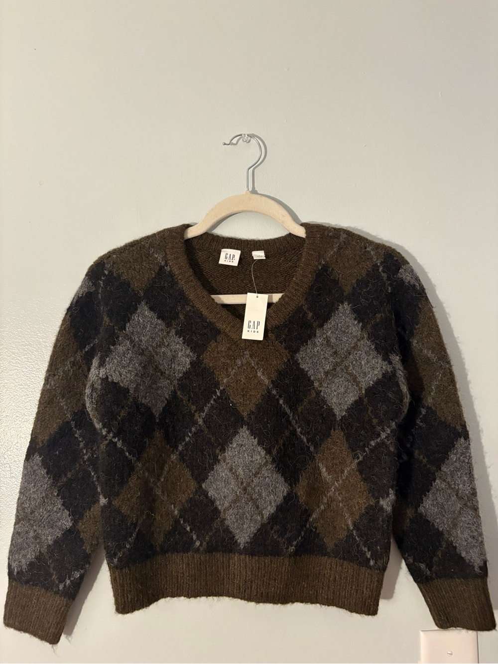 GAP Kids Brown Black and Gray Argyle V‑Neck Wool Boys Sweater